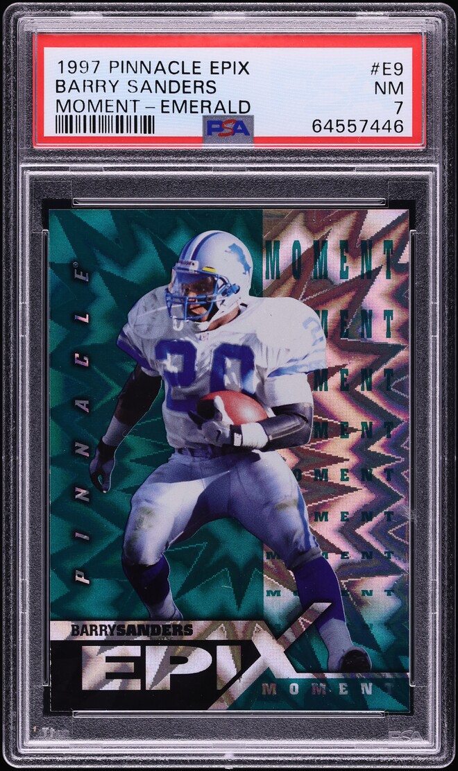 1997 Panini Pinnacle Epix Moment Emerald Barry Sanders #E9 PSA 7 NRMT