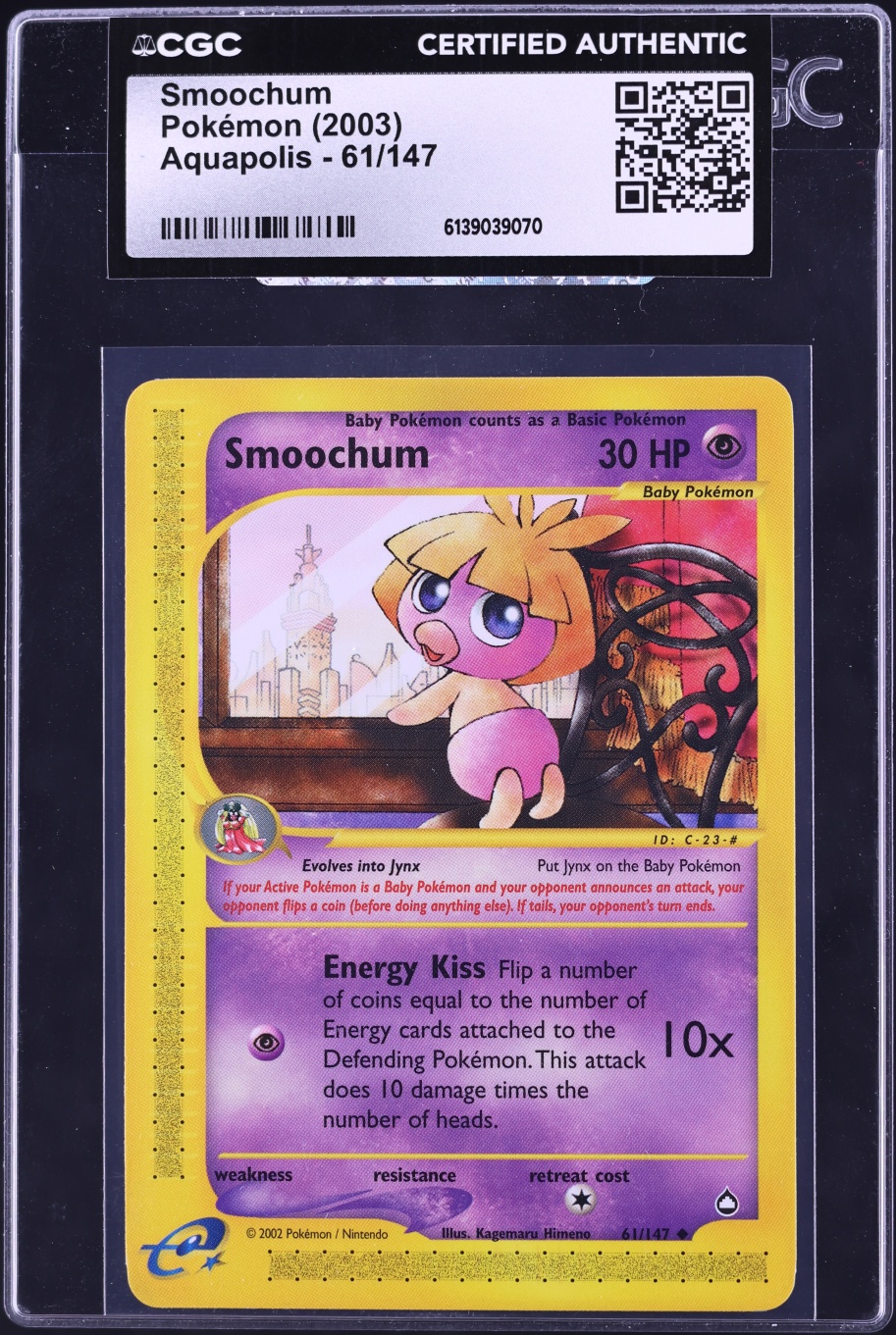2003 Pokemon Aquapolis Smoochum #61 CGC AUTH