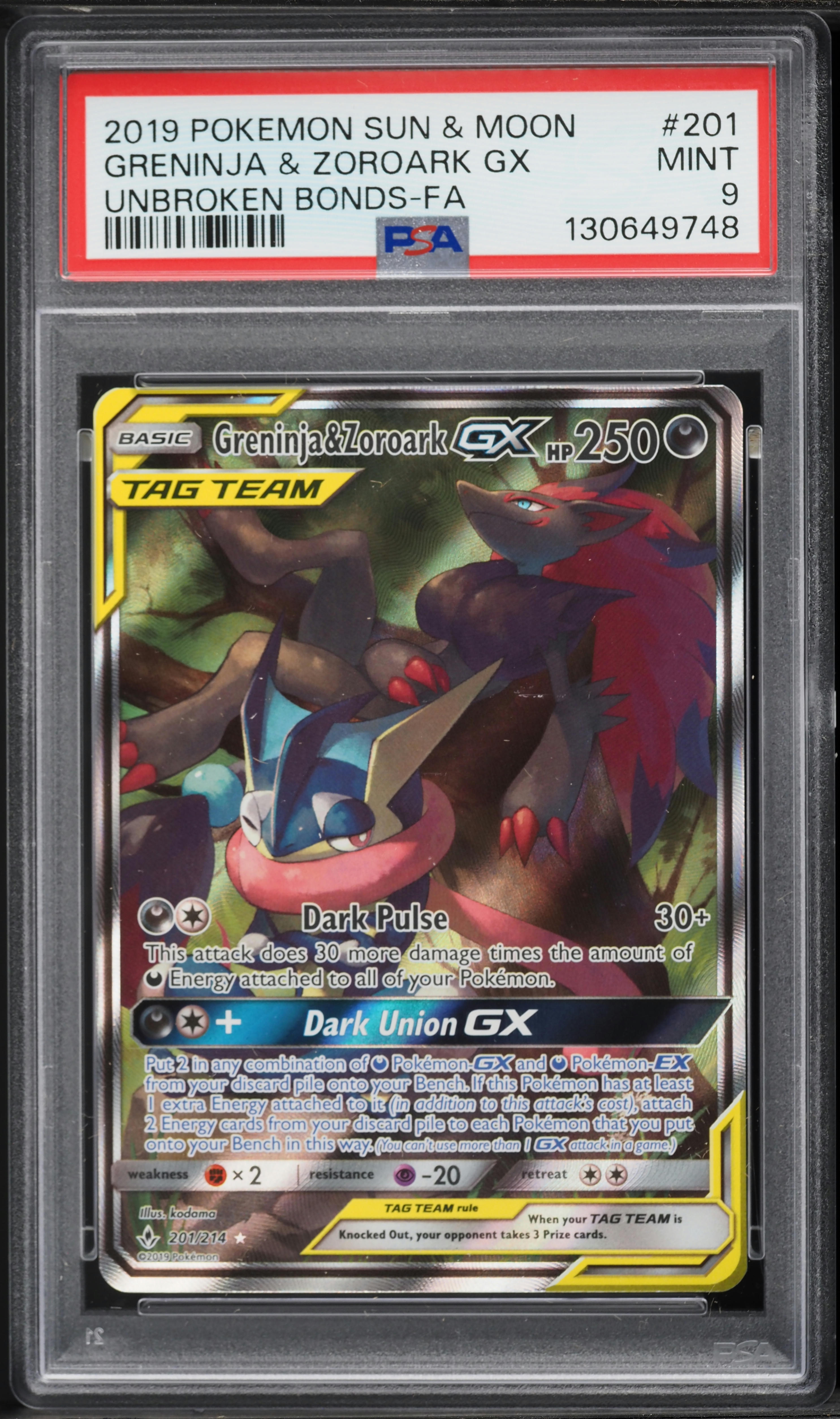 2019 Pokemon Sun & Moon Unbroken Bonds Full Art Greninja & Zoroark GX #201 PSA 9 MINT