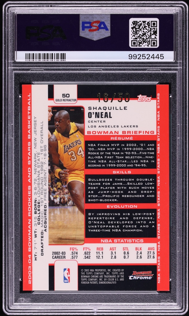 2003 Bowman Chrome Rookie & Stars Gold Refractor Shaquille O'Neal /50 #50 PSA 8 NM-MT
