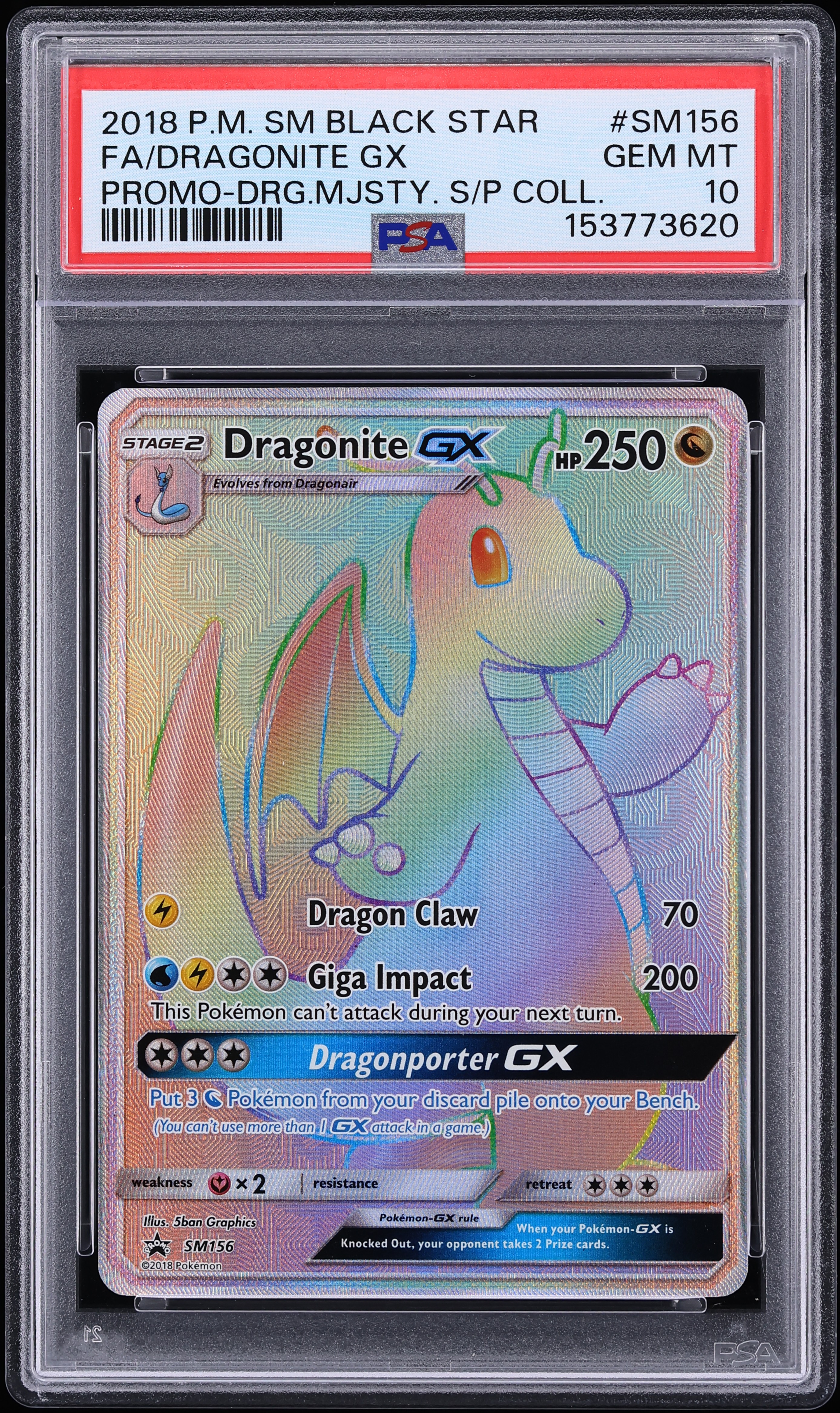 2018 Pokemon Sun & Moon Promo Dragon Majesty Rainbow Rare Dragonite GX #SM156 PSA 10 GEM MINT