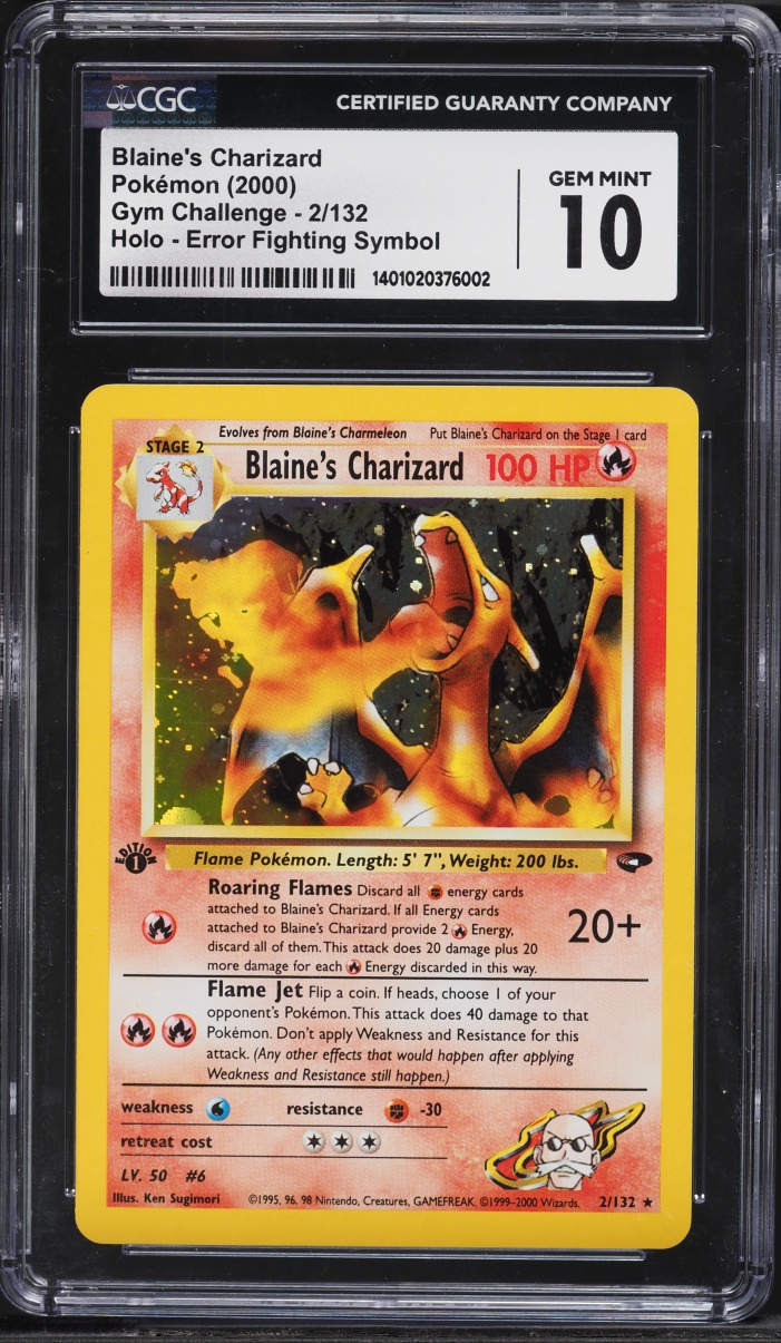 2000 Pokemon Gym Challenge 1st Edition Fighting Symbol Error Blaine's Charizard #2 CGC 10 GEM