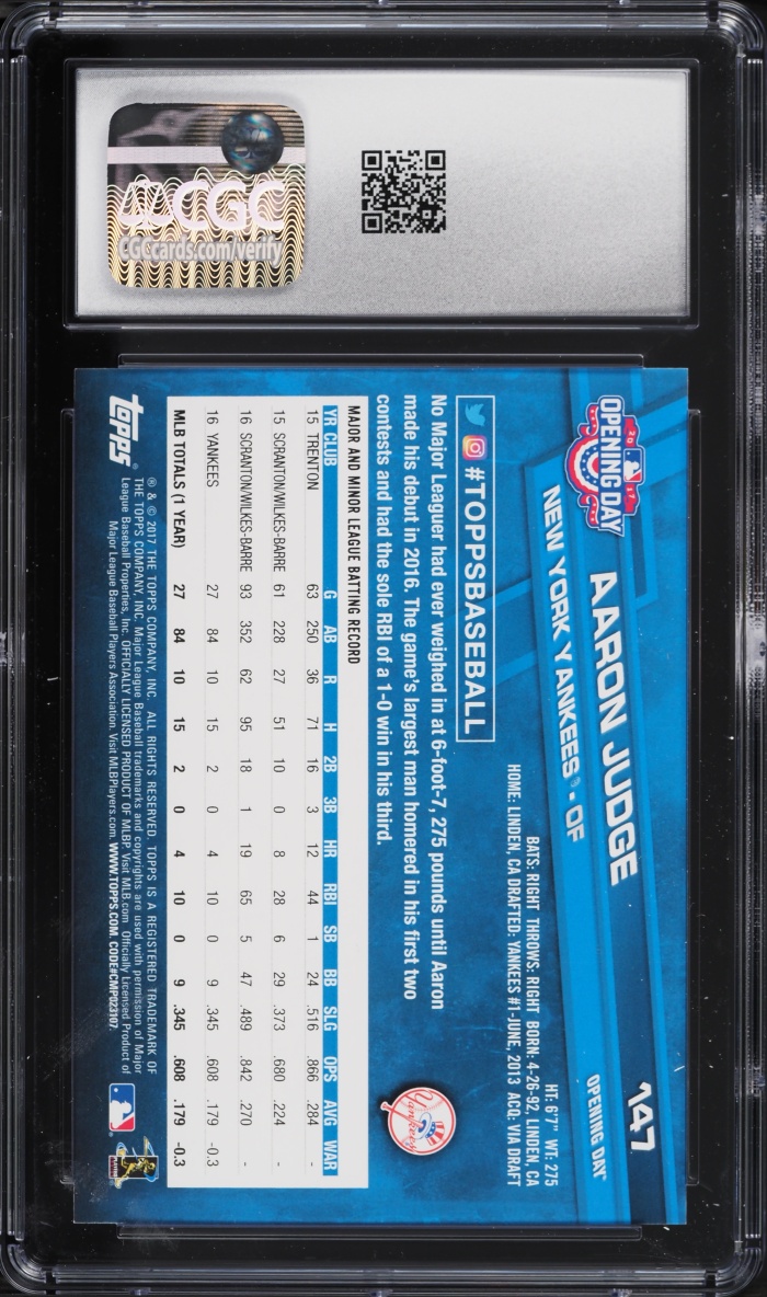 2017 Topps Opening Day Aaron Judge ROOKIE #147 CGC 10 GEM MINT