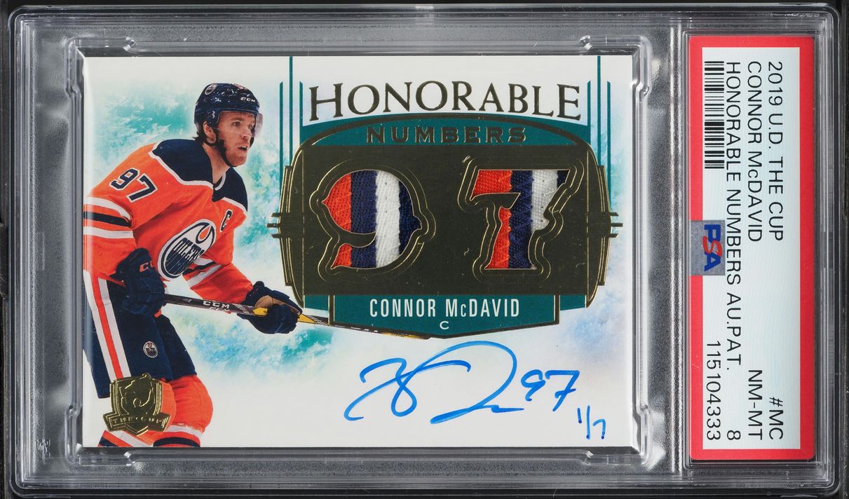 2019 Upper Deck The Cup Honorable Numbers Connor McDavid PATCH AUTO /7 PSA 8