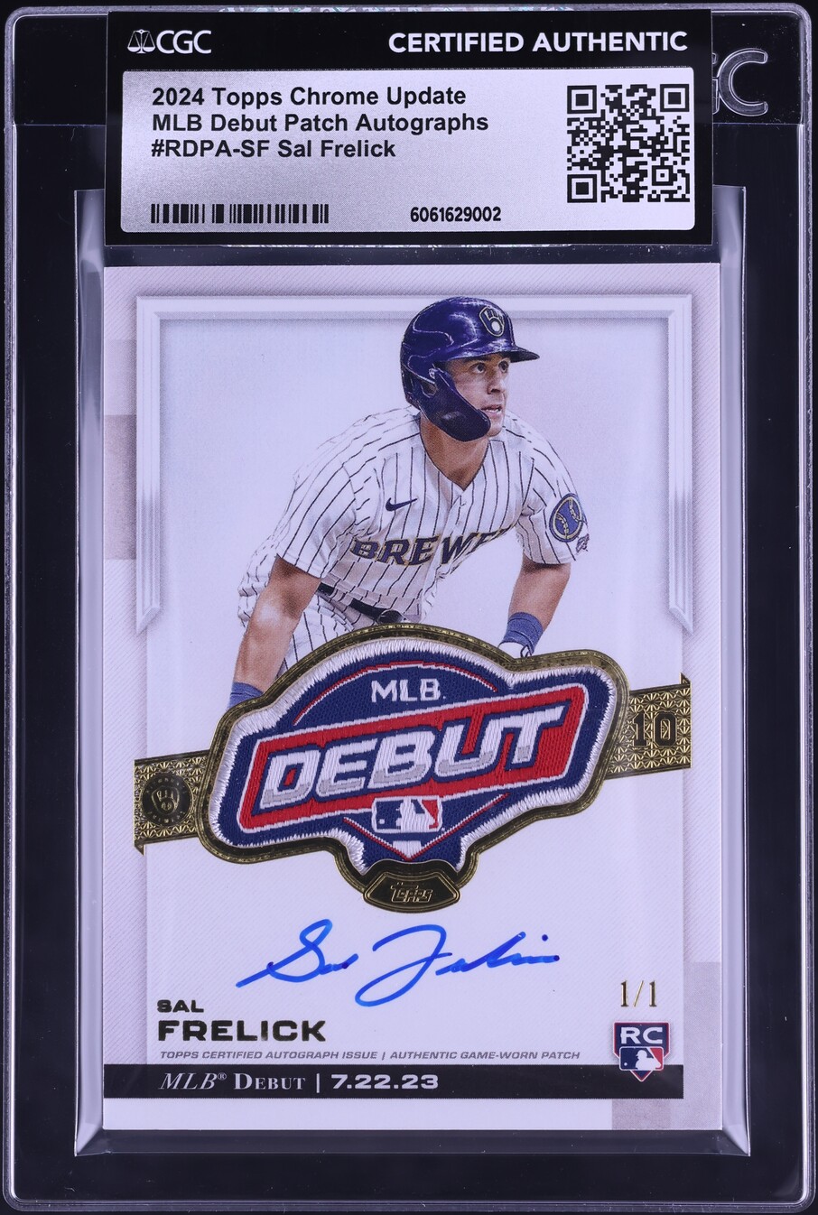 2024 Topps Chrome Update Sal Frelick ROOKIE MLB DEBUT PATCH AUTO 1/1 CGC AUTH