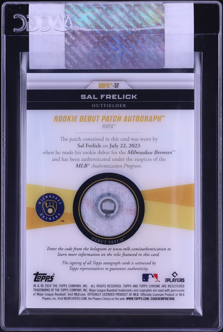 2024 Topps Chrome Update Sal Frelick ROOKIE MLB DEBUT PATCH AUTO 1/1 CGC AUTH