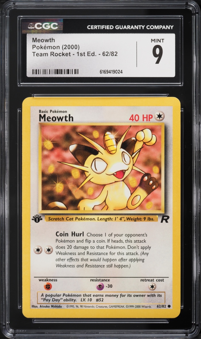 2000 Pokemon Team Rocket 1st Edition Meowth #62 CGC 9 MINT