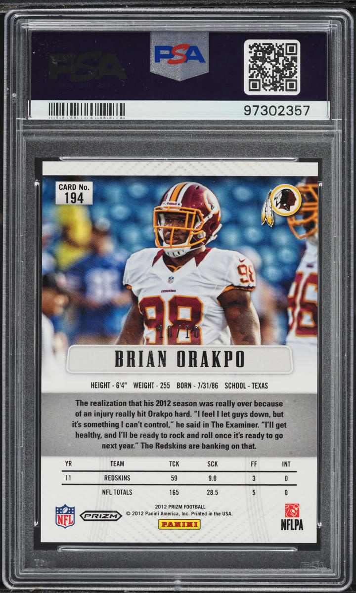 2012 Panini Prizm Gold Brian Orakpo 10/10 #194 PSA 9 MINT