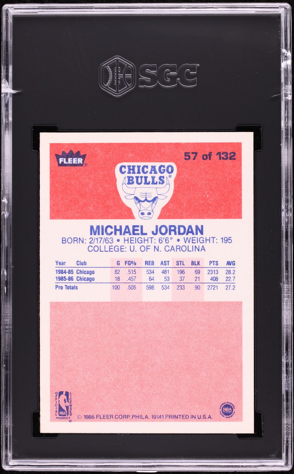 1986 Fleer Basketball Michael Jordan ROOKIE #57 SGC 9.5 MINT+