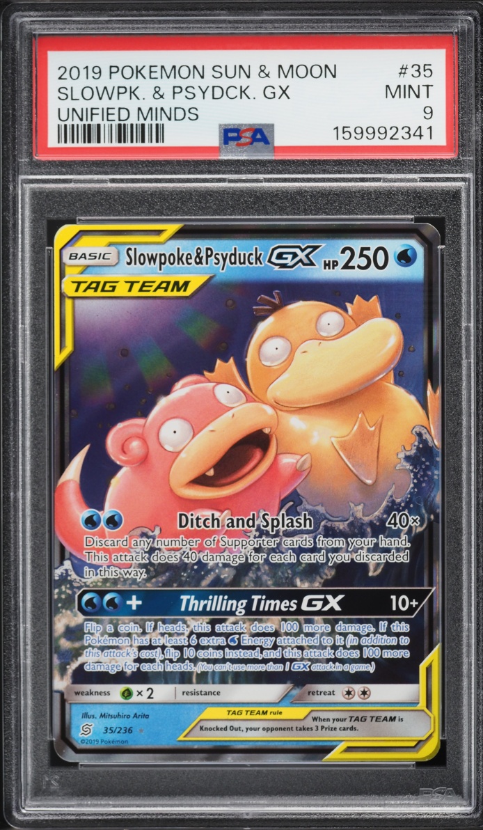 2019 Pokemon Sun & Moon Unified Minds Holo Slowpoke & Psyduck GX #35 PSA 9 MINT