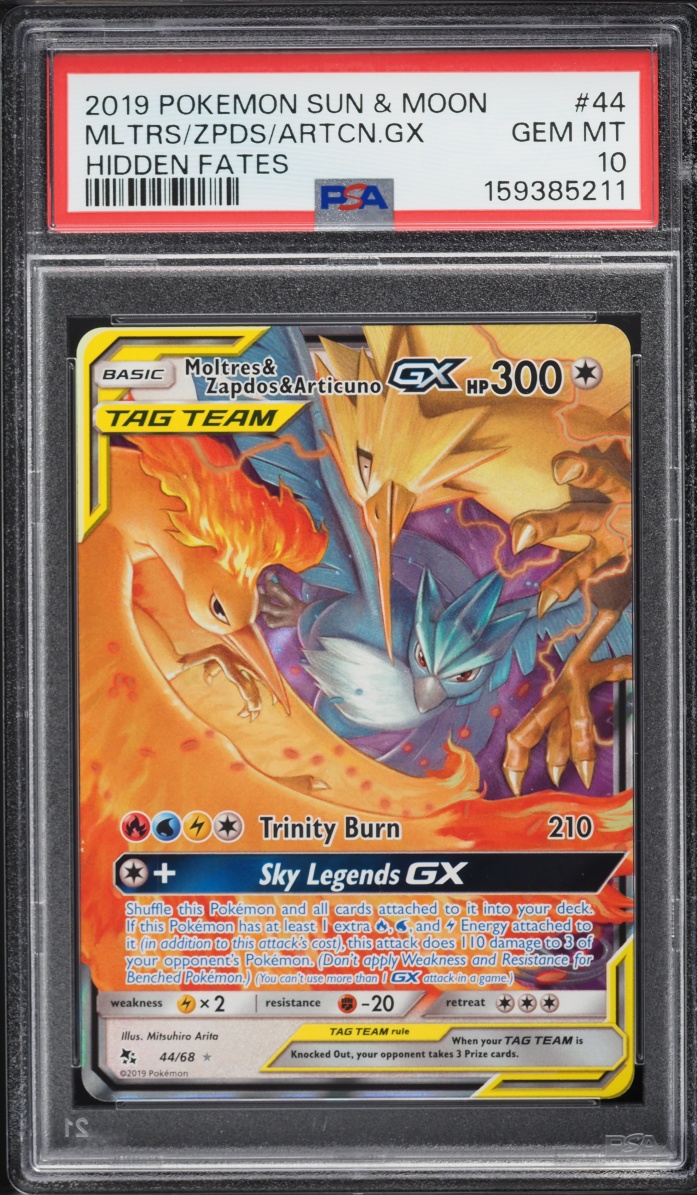 2019 Pokemon Sun & Moon Hidden Fates Holo Moltres & Zapdos & Articuno GX #44 PSA 10 GEM MINT