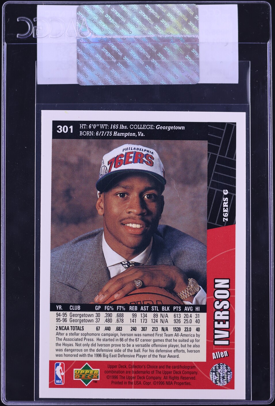 1996 Collector's Choice Allen Iverson ROOKIE #301 CGC AUTH