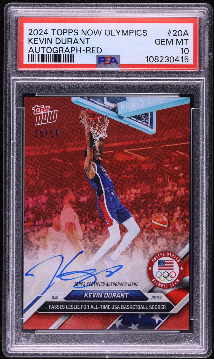 2024 Topps Now Olympics Red Kevin Durant AUTO /10 #20A PSA 10 GEM MINT