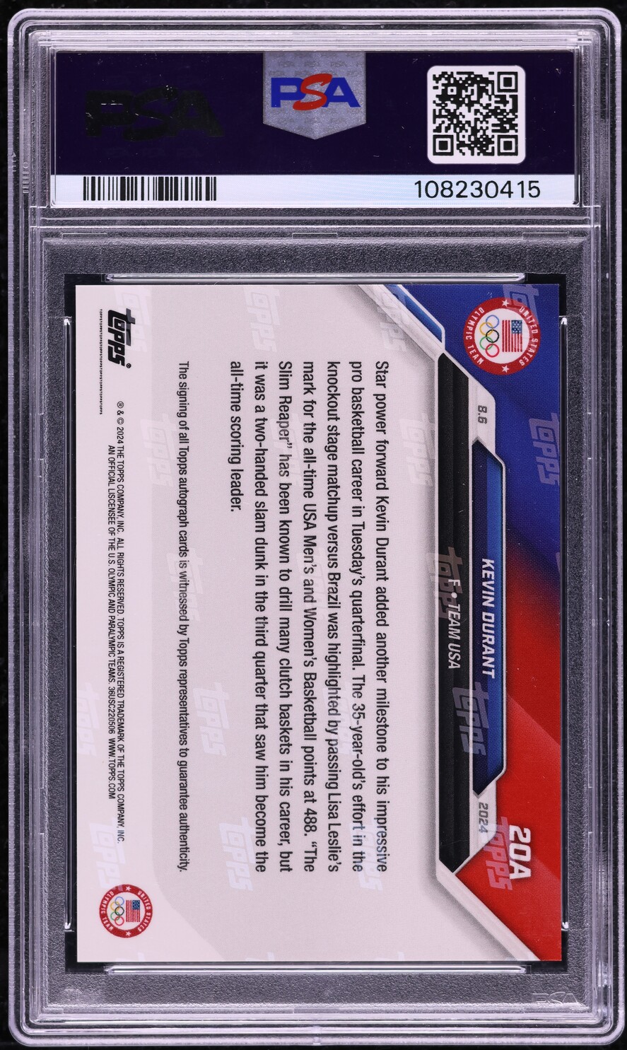 2024 Topps Now Olympics Red Kevin Durant AUTO /10 #20A PSA 10 GEM MINT