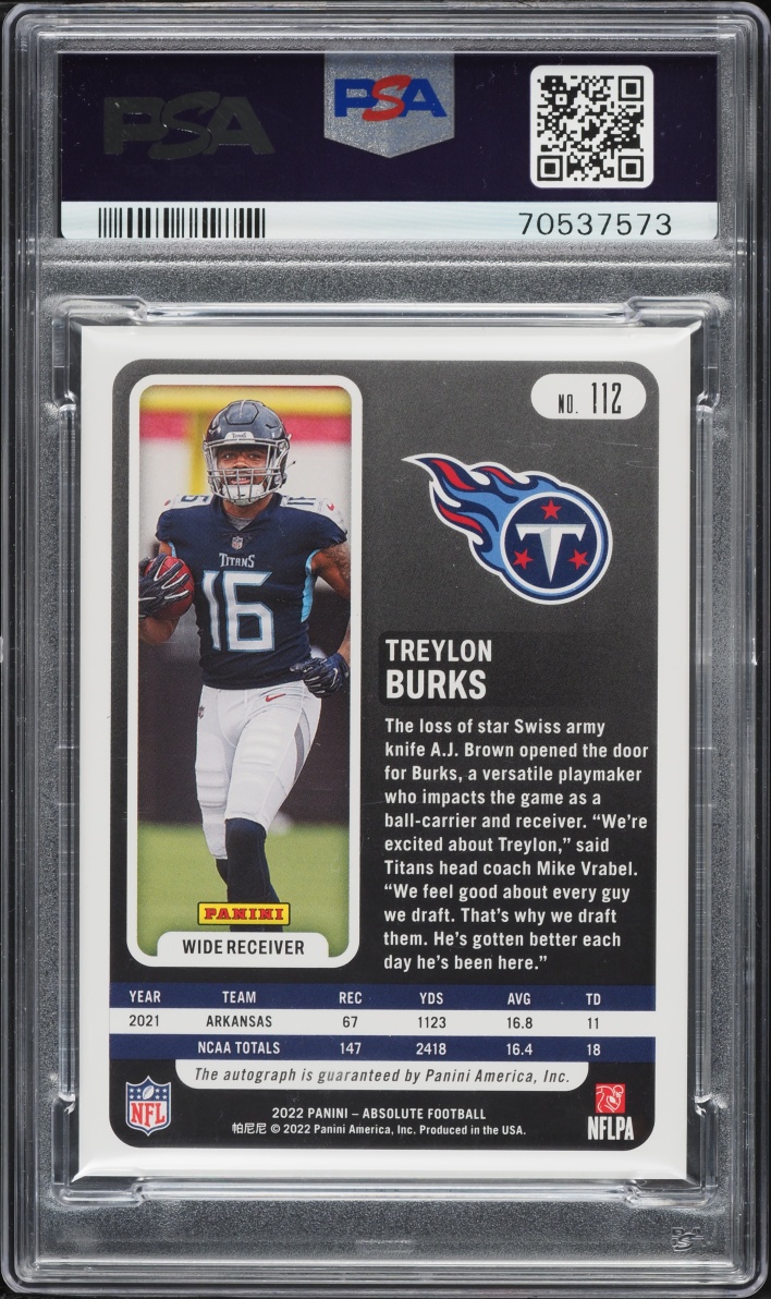 2022 Absolute Purple Spectrum Treylon Burks ROOKIE AUTO DNA 10 /5 #112 PSA 9 MINT