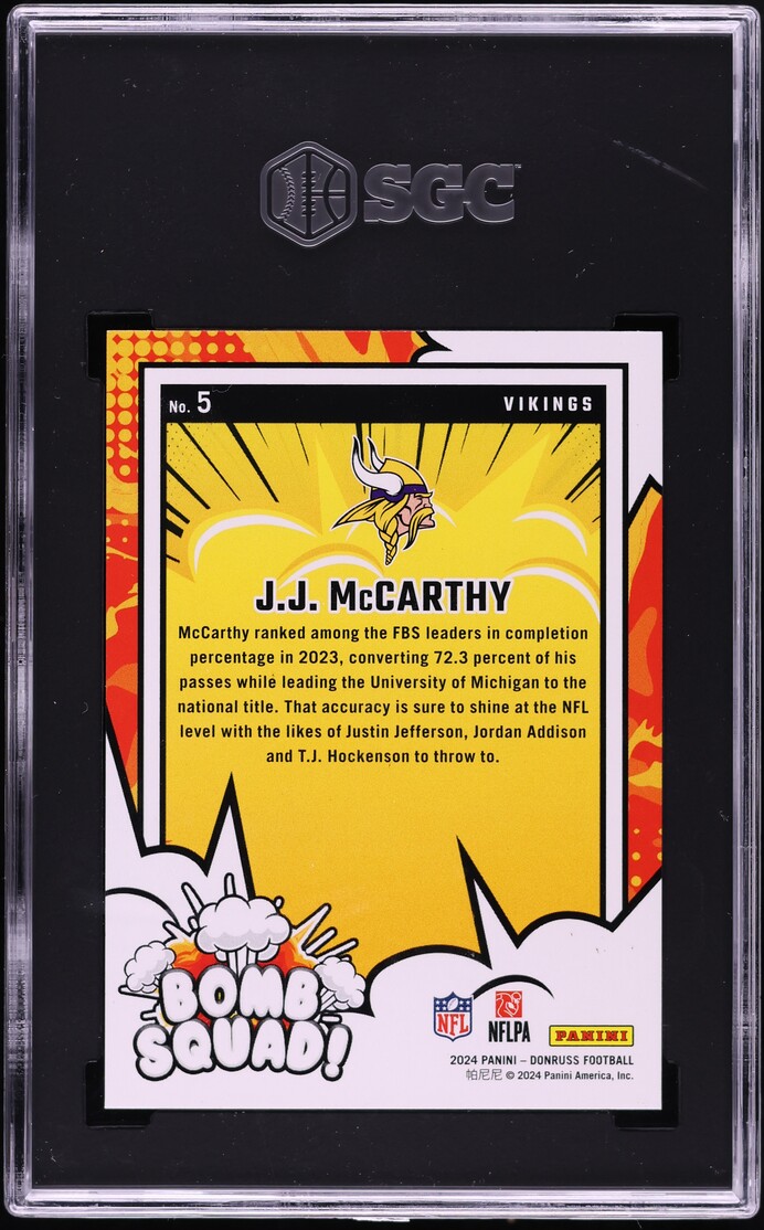 2024 Donruss Bomb Squad! J.J. McCarthy ROOKIE #5 SGC 9.5 MINT+