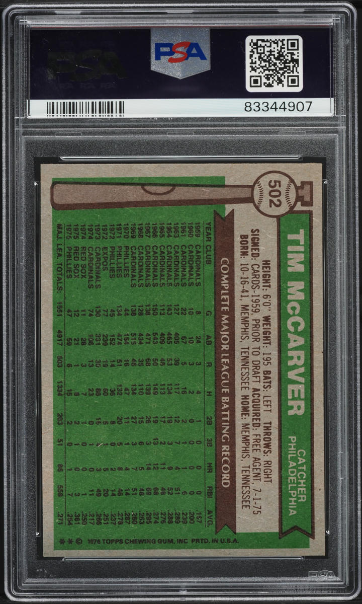 1976 Topps Tim McCarver #502 PSA 10 GEM MINT