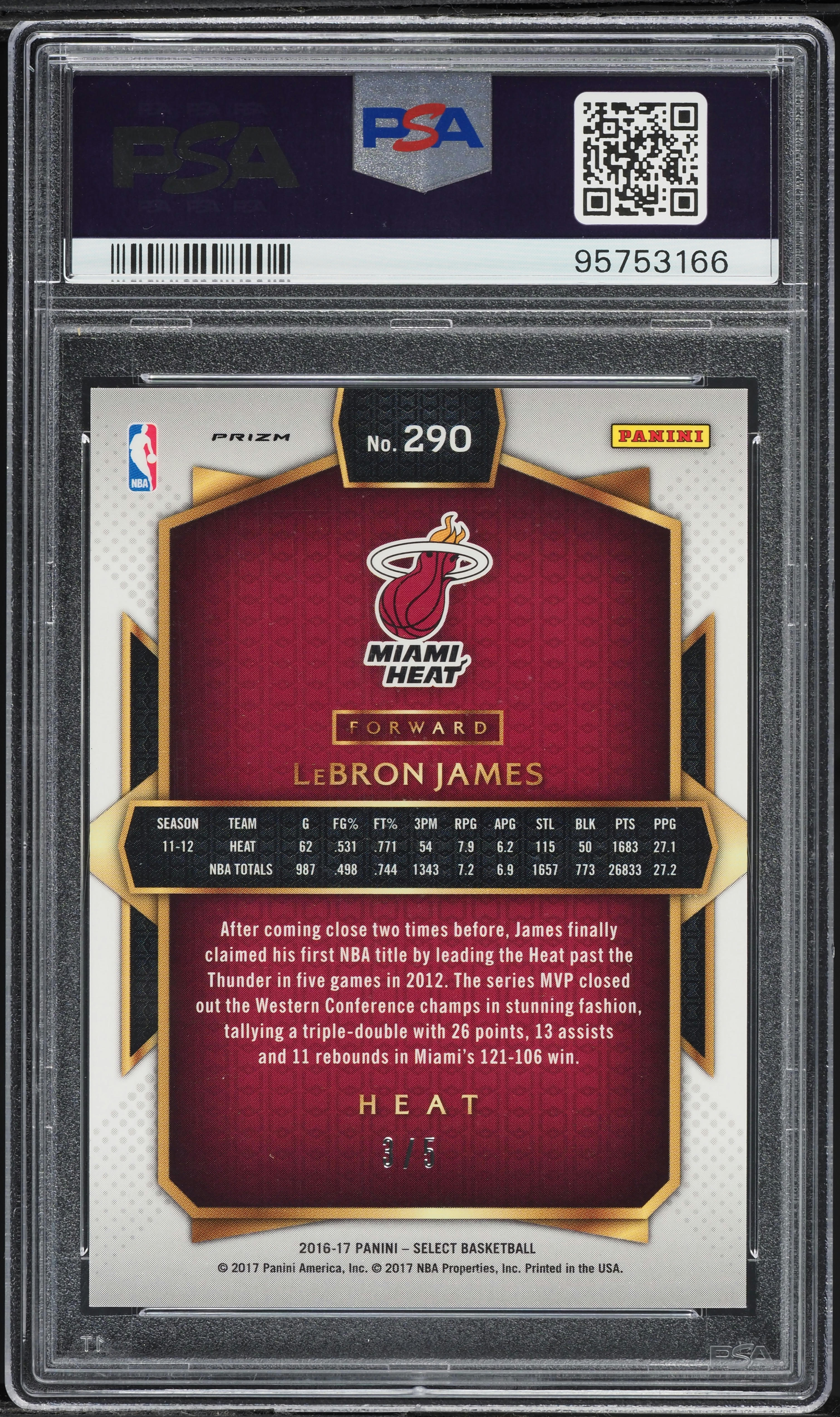 2016 Select Green Prizm Lebron James /5 #290 PSA 9 MINT on
