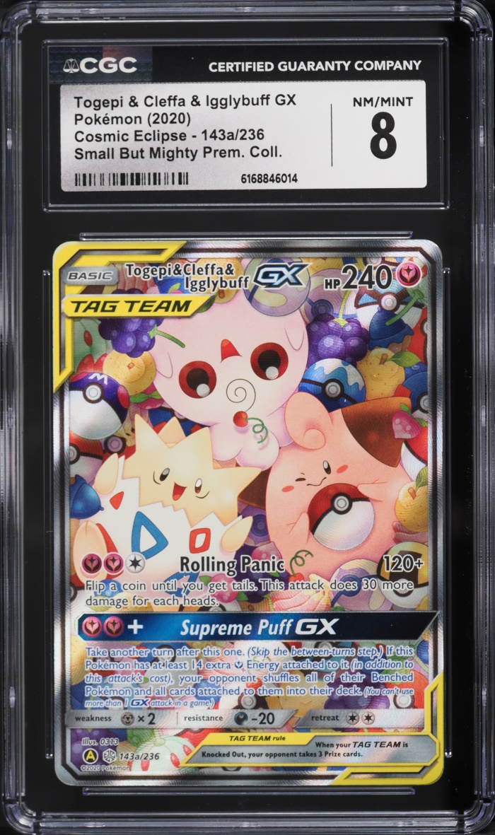 2020 Pokemon Sun & Moon Cosmic Eclipse Alt Art Togepi & Cleffa & Igglybuff GX #143a CGC 8 NM-MT