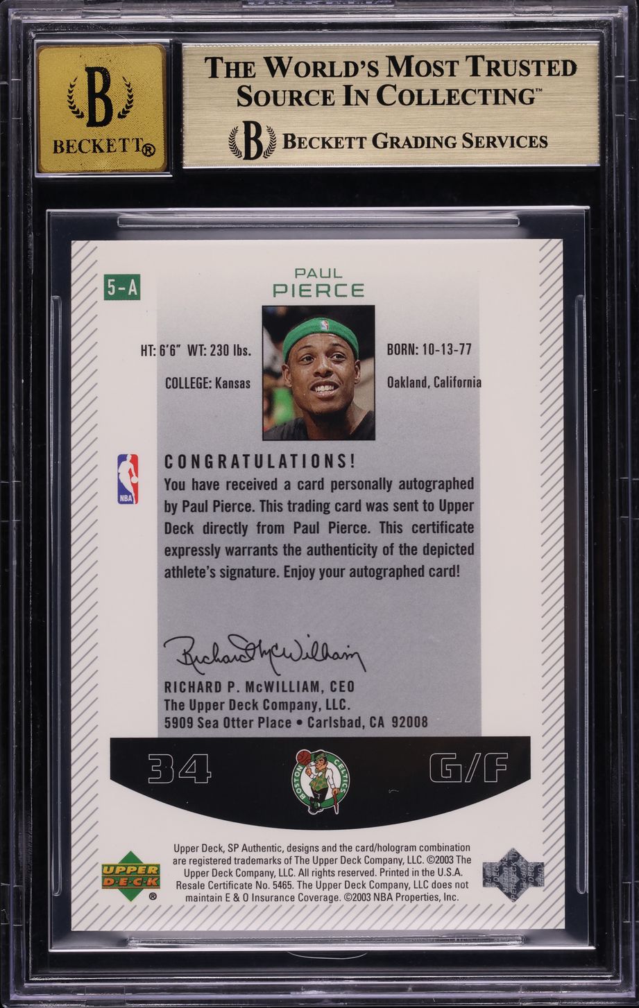 2002 SP Authentic Paul Pierce AUTO #5-A BGS 9.5 GEM MINT