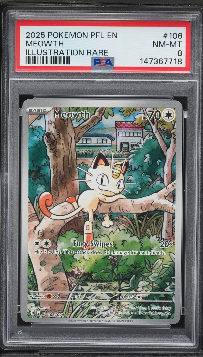 2025 Pokemon Mega Evolution Phantasmal Flames IR Meowth #106 PSA 8 NM-MT