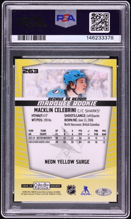 2024 Upper Deck O-Pee-Chee Platinum Neon Yellow Surge Macklin Celebrini ROOKIE #263 PSA 10 GEM - Photo 2