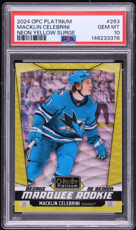 2024 Upper Deck O-Pee-Chee Platinum Neon Yellow Surge Macklin Celebrini ROOKIE #263 PSA 10 GEM - Photo 1