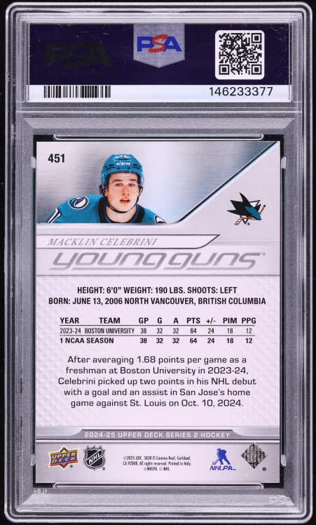 2024 Upper Deck Young Guns Macklin Celebrini ROOKIE #451 PSA 10 GEM MINT - Photo 2