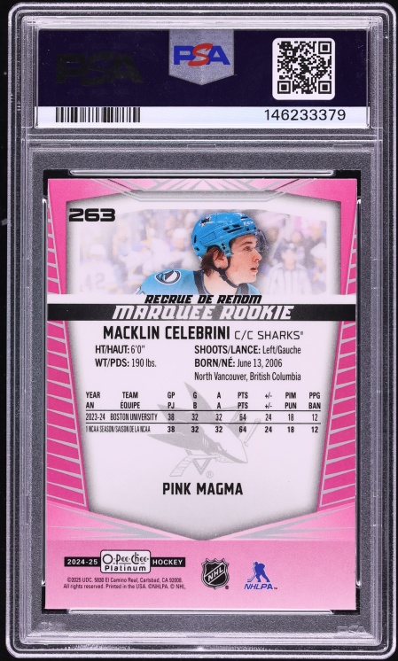 2024 Upper Deck O-Pee-Chee Platinum Pink Magma Macklin Celebrini ROOKIE #263 PSA 10 GEM MINT - Photo 2