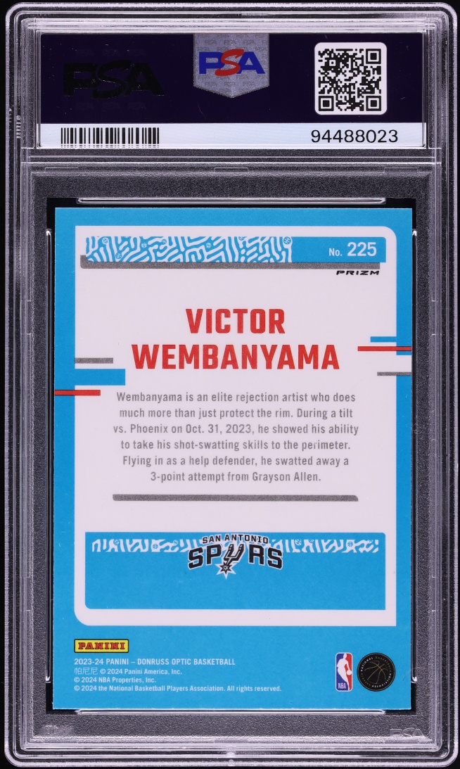 2023 Donruss Optic Holo Prizm Victor Wembanyama ROOKIE #225 PSA 10 GEM MINT