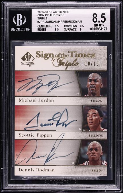 2005 SP Authentic SOTT Michael Jordan Scottie Pippen Dennis Rodman AUTO /15 #JPR BGS 8.5 NM-MT+