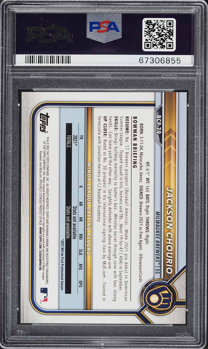 2022 Bowman Chrome Yellow Refractor Jackson Chourio PROSPECT /75 #BCP-79 PSA 9