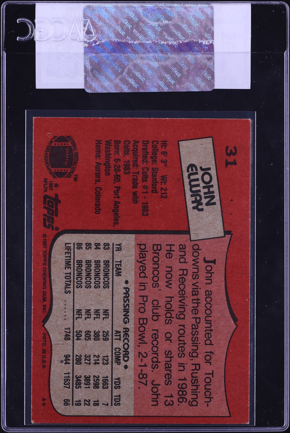 1987 Topps Football John Elway #31 CGC AUTH