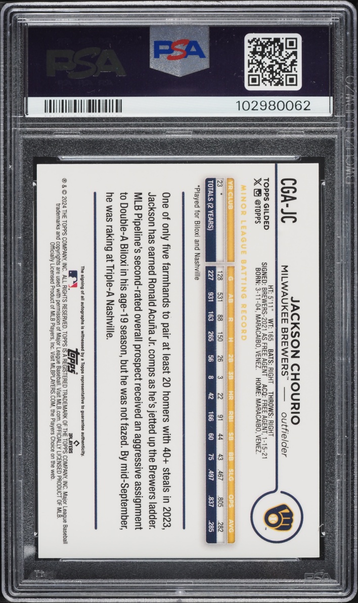2024 Topps Chrome Gilded Collection Yellow Gold Jackson Chourio ROOKIE AUTO /75 PSA 10 GEM MINT