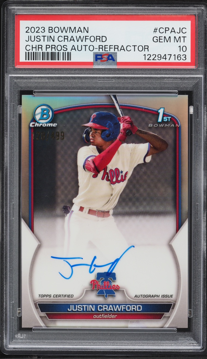 2023 Bowman Chrome Refractor Justin Crawford PROSPECT AUTO /499 #CPA-JC PSA 10 GEM MINT