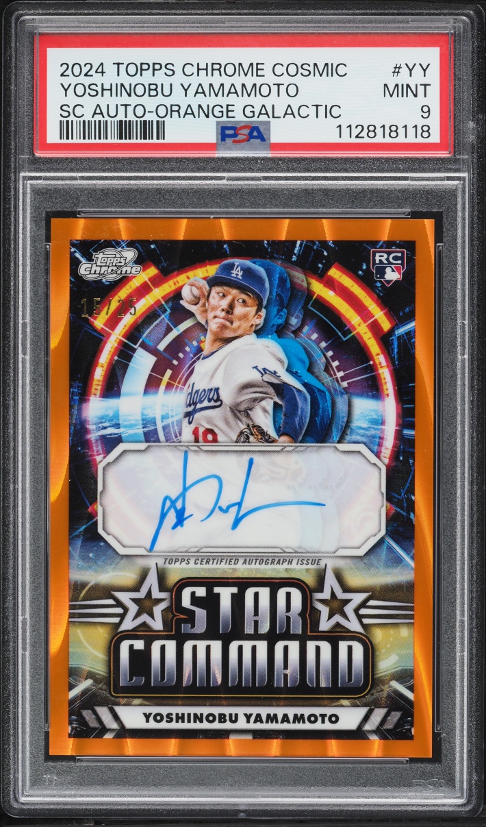 2024 Topps Chrome Cosmic Star Command Orange Galactic Yoshinobu Yamamoto ROOKIE AUTO /25 PSA 9