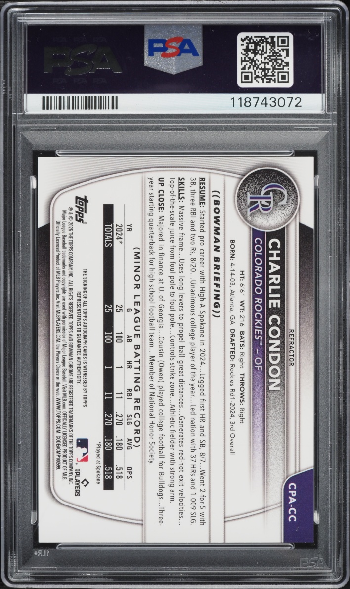 2025 Bowman Chrome Refractor Charlie Condon PROSPECT AUTO /499 #CPA-CC PSA 10 GEM MINT