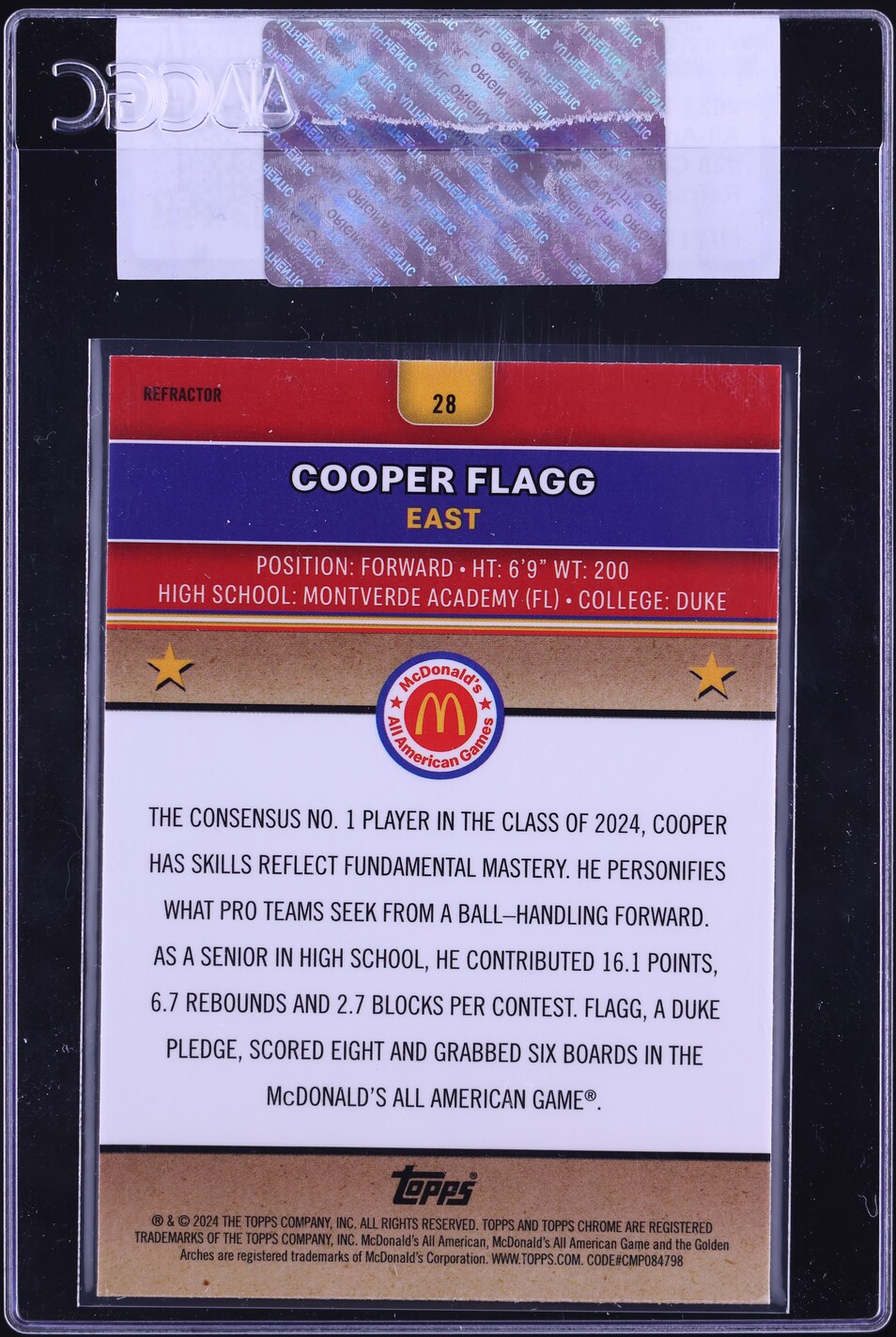 2024 Topps Chrome McDonald's All-American Refractor Cooper Flagg RC #28 CGC AUTH