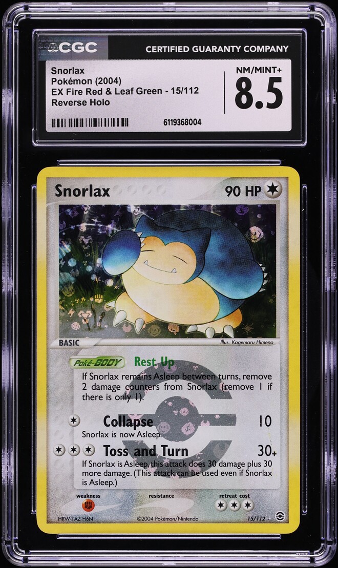 2004 Pokemon EX Fire Red & Leaf Green Reverse Holo Snorlax #15 CGC 8.5 NM-MT+