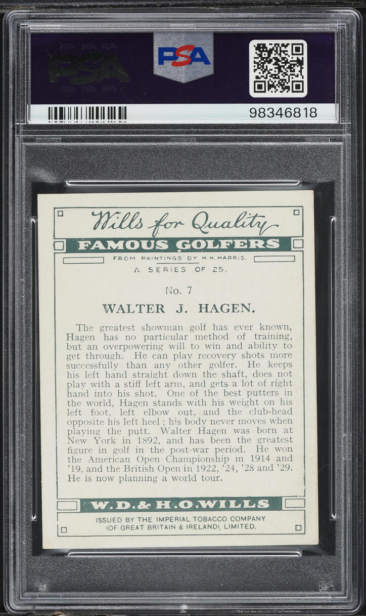 1930 W.D. & H.O. Wills Famous Golfers Walter J. Hagen #7 PSA 4 VGEX