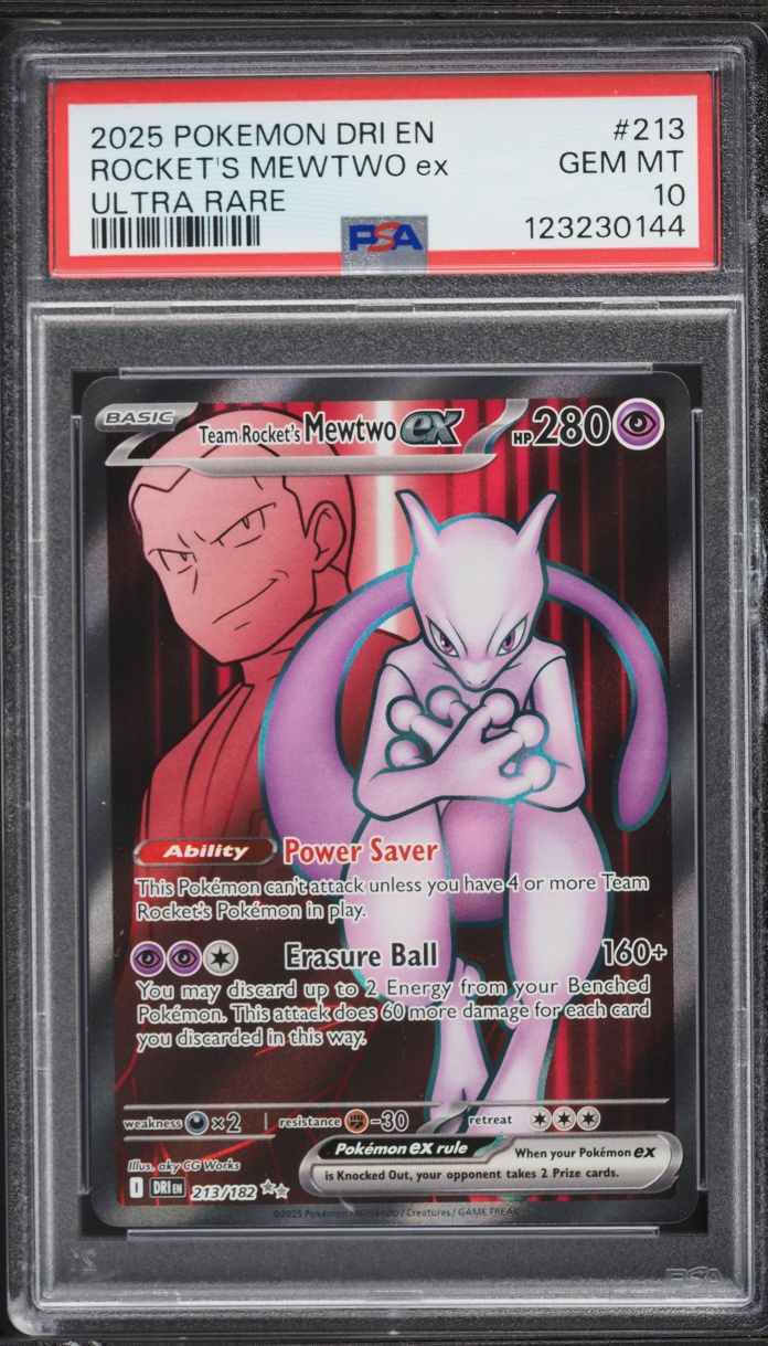 2025 Pokemon Scarlet & Violet Destined Rivals Full Art Team Rocket's Mewtwo ex #213 PSA 10 GEM