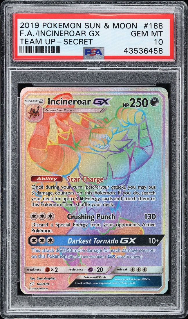 2019 Pokemon Sun & Moon Team Up Rainbow Rare Incineroar GX #188 PSA 10 GEM MINT