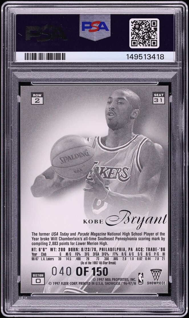 1996 Flair Showcase Legacy Collection Row 2 Kobe Bryant ROOKIE /150 #31 PSA 8 NM-MT