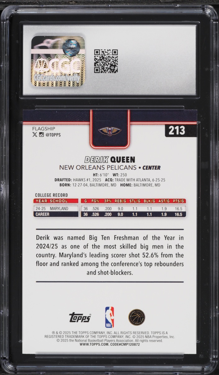 2025 Topps Basketball Derik Queen ROOKIE #213 CGC 10 GEM MINT