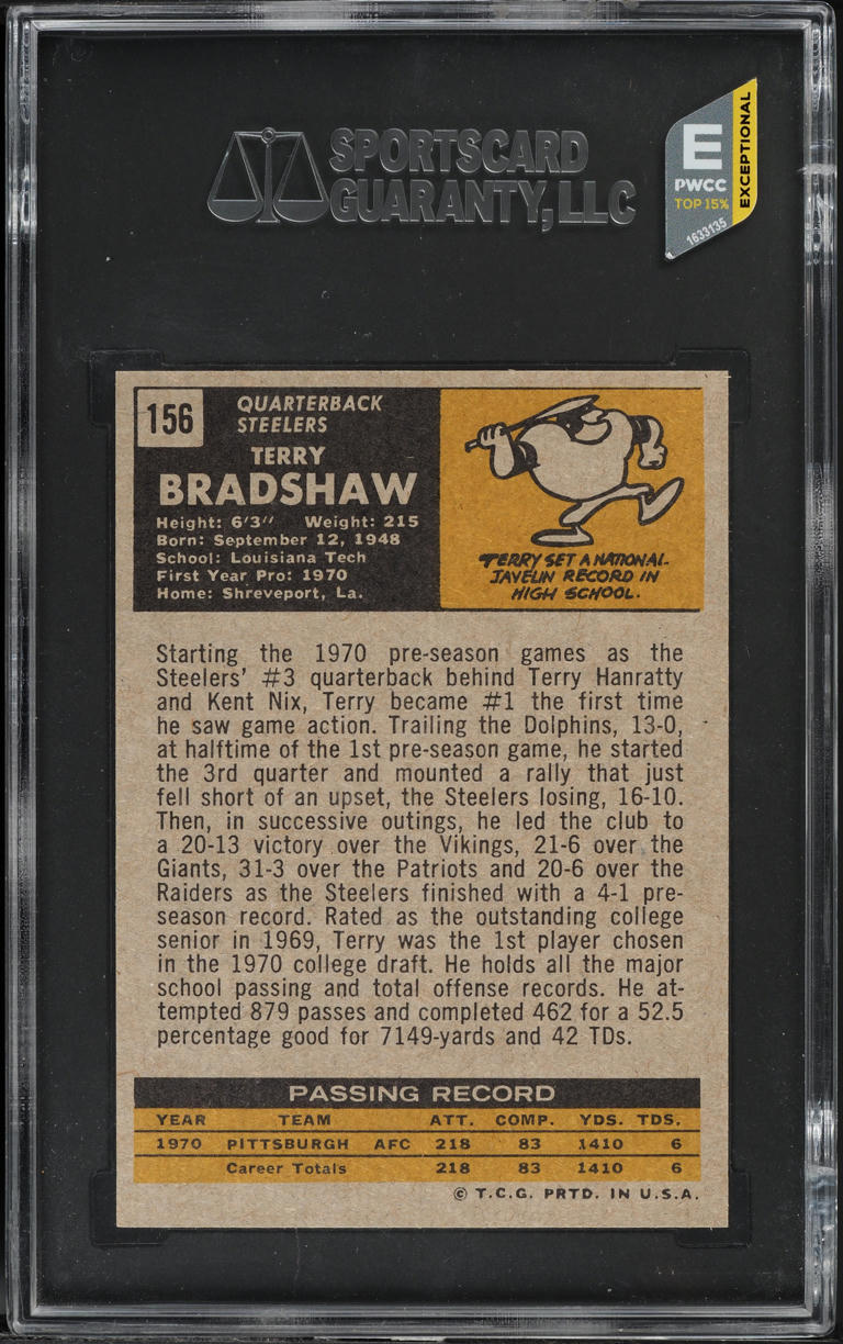 1971 Topps Football Terry Bradshaw ROOKIE #156 SGC 7 NM-MT