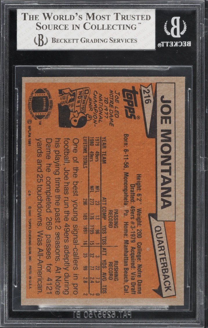 1981 Topps Football Joe Montana ROOKIE #216 BGS 8 NM-MT