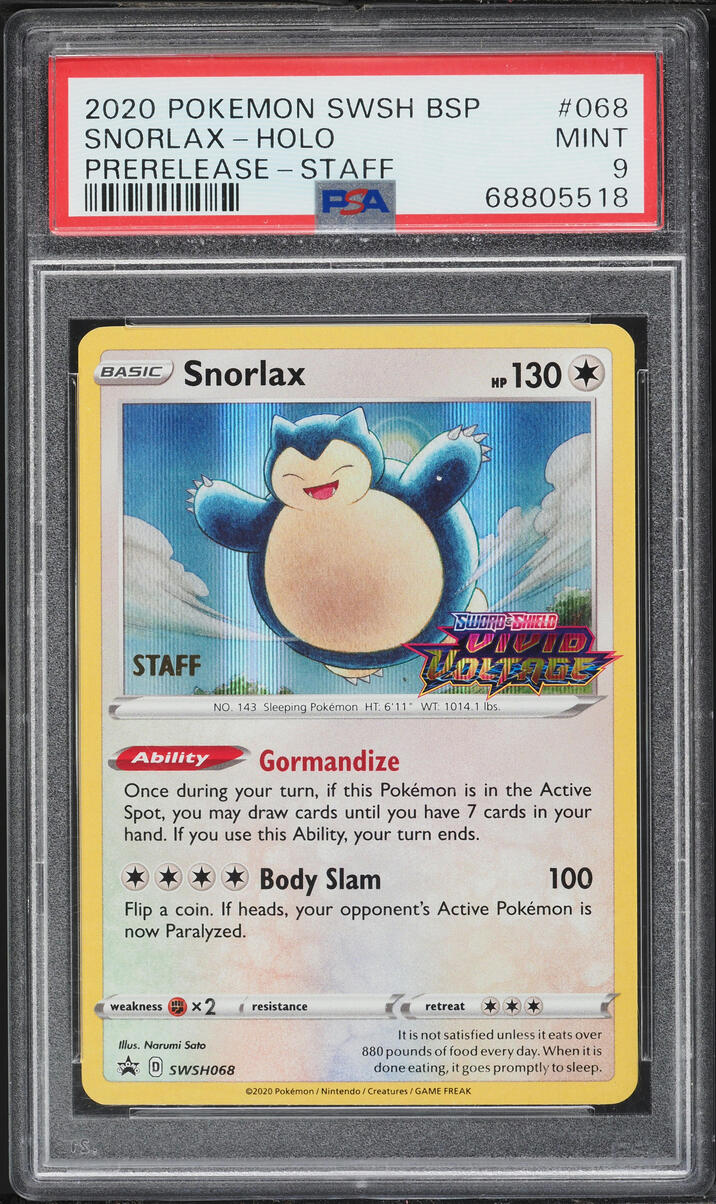 2020 Pokemon Sword & Shield Vivid Voltage Prerelease Staff Holo Snorlax #SWSH068 PSA 9 MINT