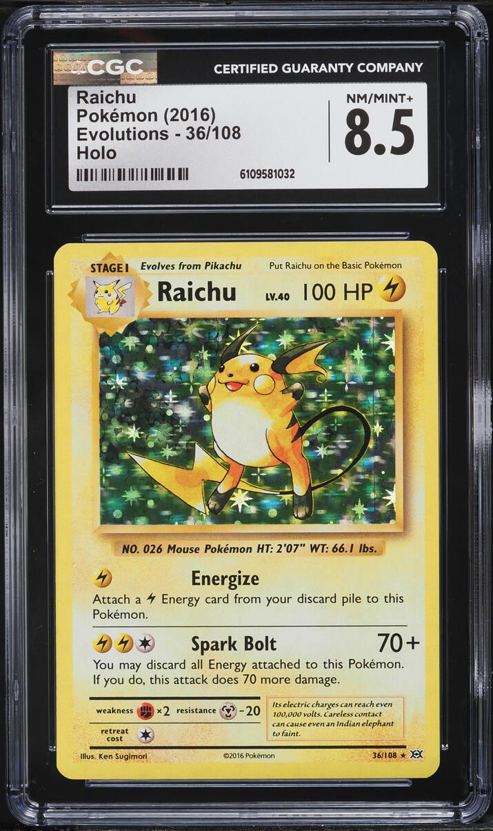 2016 Pokemon XY Evolutions Holo Raichu #36 CGC 8.5 NM-MT+