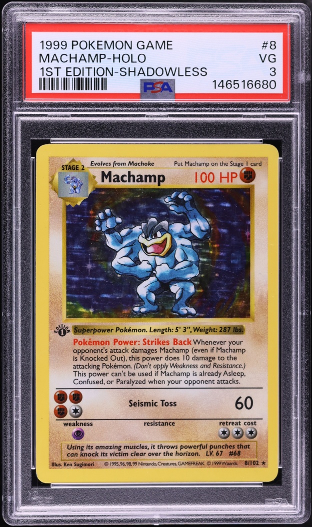 1999 Pokemon Base Set Shadowless 1st Edition Holo Machamp #8 PSA 3 VG