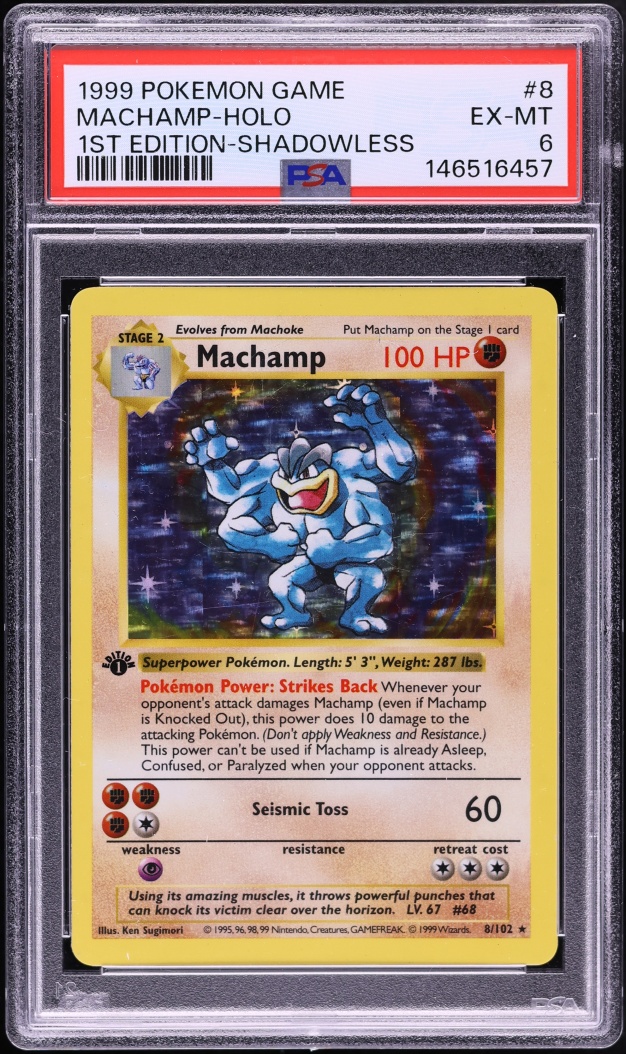1999 Pokemon Base Set Shadowless 1st Edition Holo Machamp #8 PSA 6 EXMT